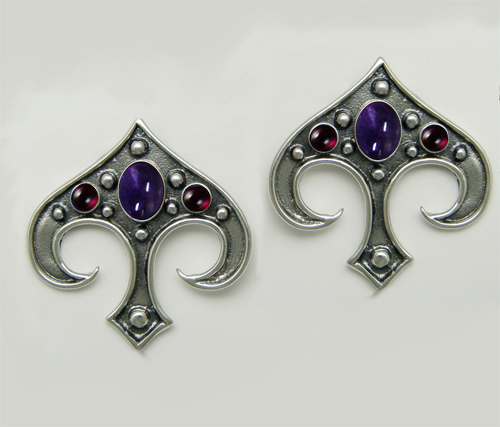 Sterling Silver Gothic Inspired Drop Dangle Earrings With Iolite And Garnet
